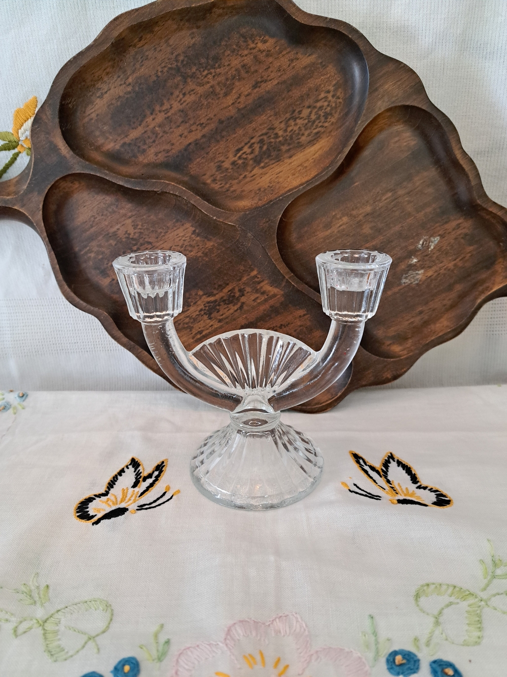 Art Deco Clear Glass Double-Arm Candle Holder - Vintage Style